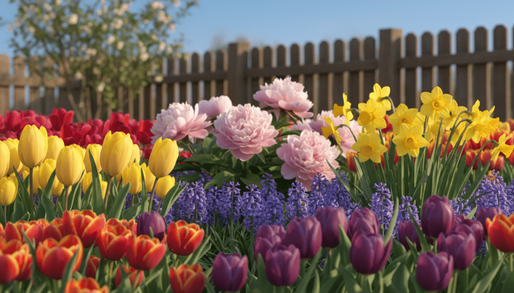 A vibrant spring garden filled with an array of colorful flowers, highlighting the 15 best picks for spring. In the foreground, clusters of blooming tulips in red, yellow, and purple, their petals glistening in the sunlight. Adjacent, cheerful daffodils with their bright yellow cups and green foliage. In the middle ground, lush peonies in shades of pink and white, surrounded by delicate bluebells and lively hyacinths, all bathed in soft, warm afternoon light. The background features a faint blur of a wooden garden fence, kissed by morning dew, with a clear blue sky overhead. The atmosphere is lively and cheerful, with a gentle breeze making the flowers sway slightly, creating an inviting and serene spring garden ambiance. The lens captures a close-up angle to emphasize the flowers' textures and vivid colors.