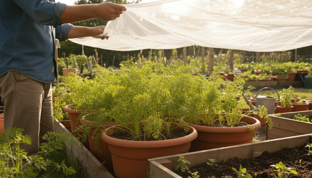 A vibrant, well-organized container garden featuring carrot plants thriving under controlled sunlight. In the foreground, a gardener in modest casual clothing carefully adjusts a reflective shade cloth above the plants. The middle ground showcases several containers filled with lush green carrot tops, while light filters through the shade cloth, casting soft shadows on the rich, dark soil. In the background, a sunny outdoor garden setting with various gardening tools and additional containers can be seen, contributing to a sense of tranquility and productivity. The lighting is warm and inviting, creating an atmosphere of care and nurturing. Shot at a slight angle to capture depth, with a focus on the interplay of sunlight and shade on the carrots, enhancing the image's vivid colors and textures.