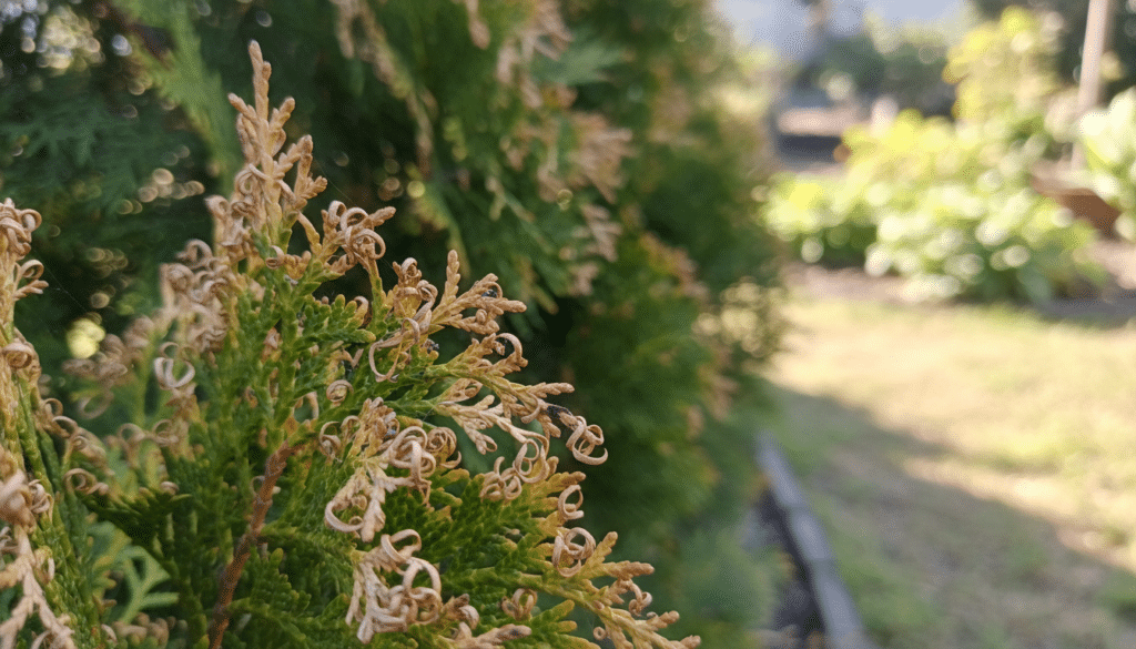 Close-up view of arborvitae foliage showcasing common pest damage on the needles, highlighting characteristic features like discoloration, browning tips, and tiny insect presence. In the foreground, capture a detailed section of vibrant green needles affected by pests, with signs of stress including curling and drop-off. The middle ground should include a blurred view of healthy arborvitae plants, indicating contrast. The background features a soft-focus garden setting with dappled sunlight filtering through, creating a warm, natural atmosphere. Use a macro lens effect to emphasize the needle details, ensuring gentle, even lighting that casts subtle shadows, enhancing the textures and colors. The overall mood should convey a sense of awareness of plant health and the impact of pest infestations.
