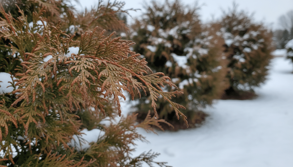 Close-up view of arborvitae foliage showing distinct winter burn damage, characterized by brownish, scorched edges and drooping branches. The foreground should feature a single, affected arborvitae plant, with its textured leaves highlighted in a sharp focus. In the middle ground, additional arborvitae plants exhibit varying degrees of damage, creating a visual comparison. The background should be a softly blurred winter landscape, with light snowfall gently covering the ground, subtly illuminated by soft, natural light from an overcast sky. The overall mood is somber yet informative, emphasizing the impact of environmental conditions on the health of these plants. Use a macro lens perspective to capture the intricate details of the foliage while maintaining a clear depth of field.