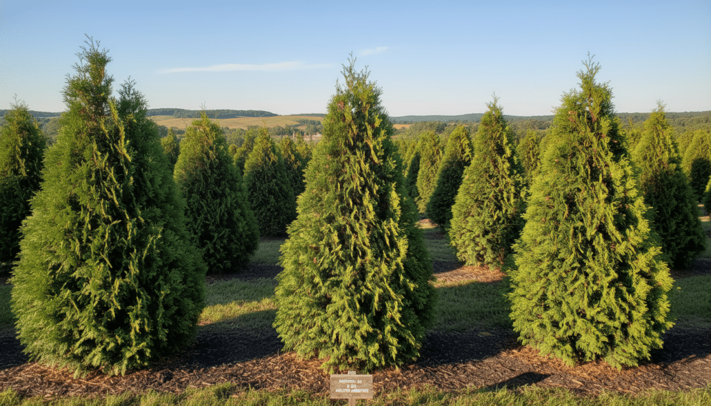 Healthy arborvitae trees stand tall and vibrant, their lush green foliage forming a protective canopy. In the foreground, a few well-maintained specimens display healthy, rich colors, indicative of proper care and maintenance, with dense, feathery leaves that are richly layered. The middle ground showcases a well-spaced arrangement of arborvitae, each tree positioned thoughtfully to allow for airflow and access to sunlight, enhancing their health. The background features a serene landscape with soft, rolling hills and a clear blue sky, bathed in warm, golden light that suggests late afternoon. The overall mood is peaceful and thriving, emphasizing the importance of prevention strategies for maintaining healthy arborvitae. The scene is captured from a slightly elevated angle, showcasing the arrangement and spacing of the trees.