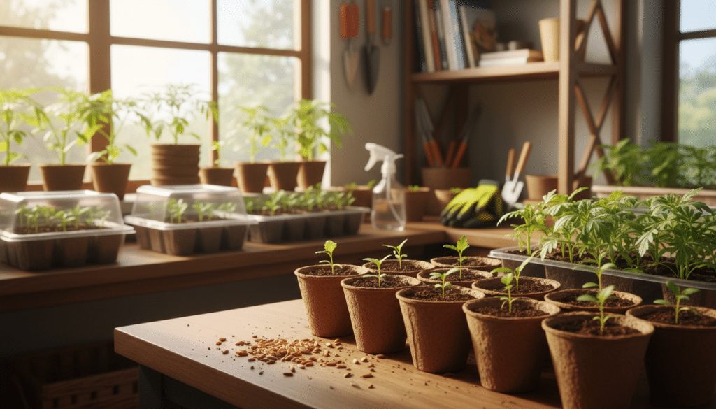 Indoor scene showcasing marigold seed starting techniques. In the foreground, vibrant marigold seeds scattered on a table next to small biodegradable pots filled with dark, rich soil. The middle ground features a well-organized seed starting station with bright natural light pouring in through a window, illuminating the seedlings in various growth stages. There are humidity domes over some pots, and a spray bottle for watering nearby. In the background, shelves are lined with gardening books and tools, creating a cozy, inviting atmosphere. Soft focus on potted seedlings with lush green leaves, conveying a sense of nurturing and growth. The warm lighting enhances the earthy tones, giving a tranquil vibe to the indoor gardening space.