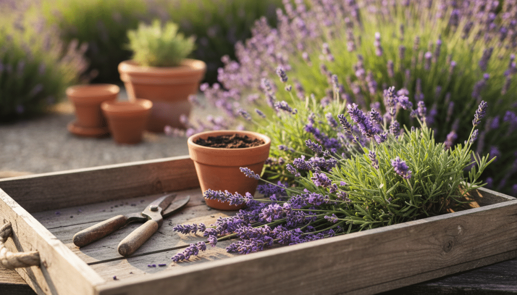 Lavender cuttings artfully arranged in a rustic wooden gardening tray, each sprig showcasing vibrant purple flowers and healthy green leaves. In the foreground, a pair of garden shears rests beside the cuttings, hinting at the act of propagation. The middle ground features a small pot filled with soil, indicating the next step of planting the cuttings. The background includes soft, blurred garden elements like terracotta pots and blooming lavender bushes bathed in warm, golden sunlight. The atmosphere is serene and inviting, evoking a sense of calm and purpose in the garden. Captured with a shallow depth of field, the focus remains sharp on the cuttings while the background softly fades, enhancing the peaceful vibe of this gardening scene.
