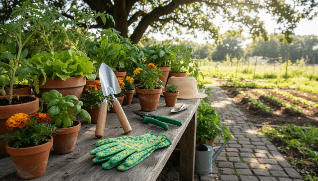 A basic vegetable gardening tools starter set featuring a hand trowel, bypass pruners, and protective gloves placed on a rustic wooden table in a sunny backyard.