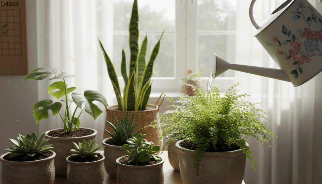 A beautifully arranged indoor scene depicting a variety of houseplants, each in different stages of watering. In the foreground, a watering can with delicate floral patterns is poised over a potted fern, droplets glistening as water is poured. In the middle ground, an assortment of vibrant green plants, including succulents and a snake plant, display moist soil and healthy leaves, showcasing the balance between watering. In the background, soft focus on a window with natural light streaming in, creating a warm and inviting atmosphere. Gentle sunlight highlights the textures of the leaves and the glistening of the water, evoking a sense of care and attention. Aim for a serene and educational tone, emphasizing the importance of proper watering techniques in plant care.