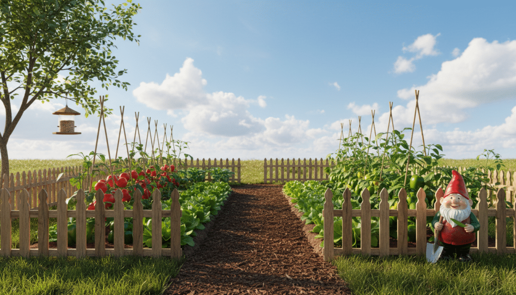 A beginner vegetable garden layout, featuring neatly organized rows of lush green vegetables such as tomatoes, lettuce, and peppers. In the foreground, a small wooden fence borders the garden, with a cheerful garden gnome at one end. The middle ground showcases a mulched pathway winding through the garden, allowing easy access to the plants. In the background, a bright blue sky with puffy white clouds creates an inviting atmosphere. Soft sunlight casts gentle shadows across the garden, enhancing the vibrant colors of the vegetables. A bird feeder hangs from a nearby tree, adding to the tranquil ambiance. The angle is slightly elevated, giving a comprehensive view of the layout, emphasizing the thoughtful design ideal for beginners.