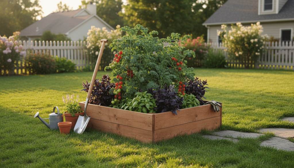 A cinematic wide shot of a 4x4 cedar raised garden bed for vegetables, overflowing with lush green kale, vibrant red tomatoes, and purple basil, set in a sunny suburban backyard with soft golden hour lighting.
