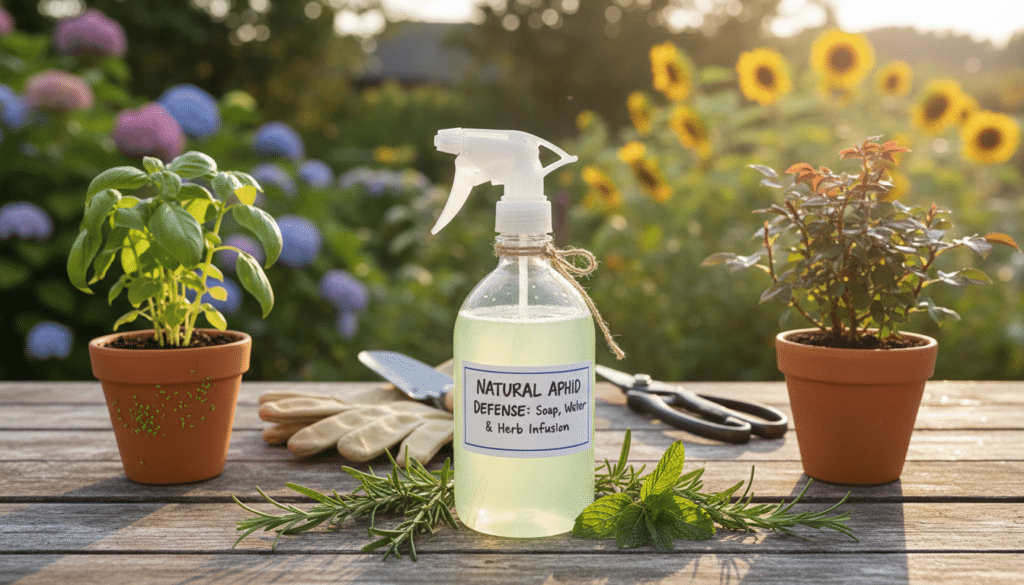 A clear, close-up view of a DIY aphid control spray setup on a garden table. In the foreground, a spray bottle filled with a light green liquid, labeled with natural ingredients like soap and water, surrounded by fresh herbs like rosemary and mint for an aromatic touch. The middle layer features various gardening tools, such as gloves and pruning shears, alongside a few potted plants showing visible aphid infestations. The background includes a vibrant garden filled with healthy, green plants, softly blurred to emphasize the foreground while showcasing a sunny, warm atmosphere. The lighting is bright and natural, suggesting a sunny afternoon, enhancing the organic, eco-friendly mood of the scene.