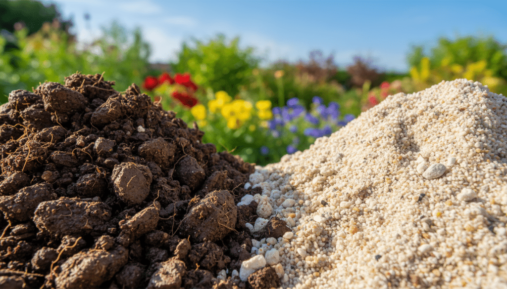 A close-up comparison of clay soil and sandy soil particles, showcasing their distinct textures. In the foreground, include a detailed view of dark brown, compact clay soil with visible clumps and small, angular particles, emphasizing its moisture retention. Next to it, white and beige sandy soil particles, displaying a loose and granular texture, scattered to illustrate its draining properties. The middle ground should have a soft, blurred garden landscape, with hints of green plants and colorful flowers in a sunny setting, conveying a healthy garden atmosphere. The background should feature a clear blue sky, enhancing the vibrancy of the scene. Natural lighting highlights the textures, creating a warm, inviting mood that encourages the viewer to understand the differences in soil types.