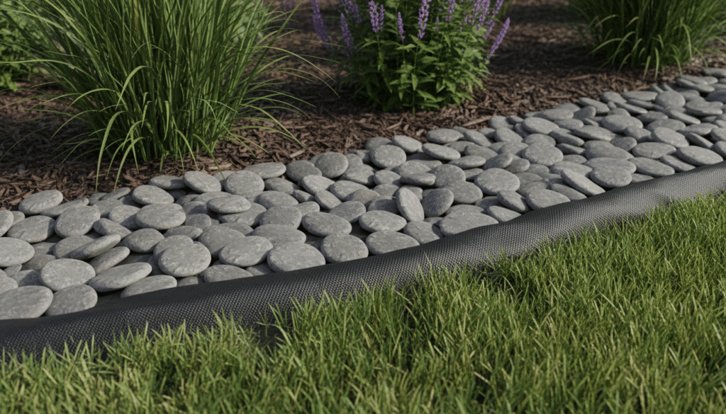 A close-up of a modern garden edge showing permeable landscape fabric partially covered with neat grey river stones, demonstrating a professional weed-barrier installation.