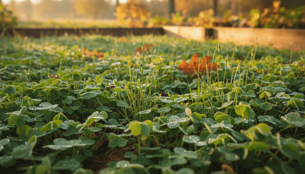 A close-up of vibrant green clover and young oat shoots covering a garden bed in the soft morning light of autumn.