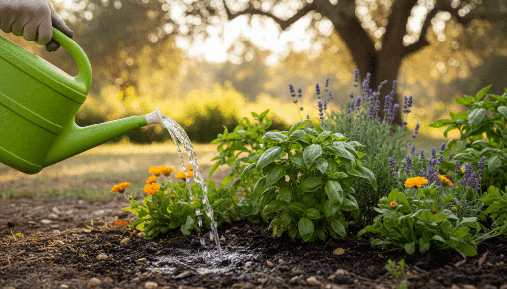 A close-up scene of a gardener gently watering plants using a bright green watering can, focusing on applying water directly at the soil level. The foreground features the watering can pouring water, creating small droplets as it touches the rich, dark soil with scattered tiny pebbles. In the middle, vibrant green leaves of various plants, including herbs and flowers, are flourishing, showcasing healthy growth. The background features a softly blurred garden setting with hints of sunlight filtering through trees, casting dappled light across the scene. The atmosphere conveys a peaceful, nurturing vibe, emphasizing the importance of proper plant care. The image should be bright and well-lit, suggesting a warm, sunny day, with an emphasis on the connection between the gardener and nature.