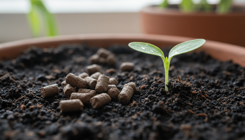 A close-up shot of organic slow release fertilizer pellets scattered on dark, rich garden soil near a small green sprout, soft natural lighting, high detail. A close-up shot of organic slow release fertilizer pellets scattered on dark, rich garden soil near a small green sprout, soft natural lighting, high detail.
