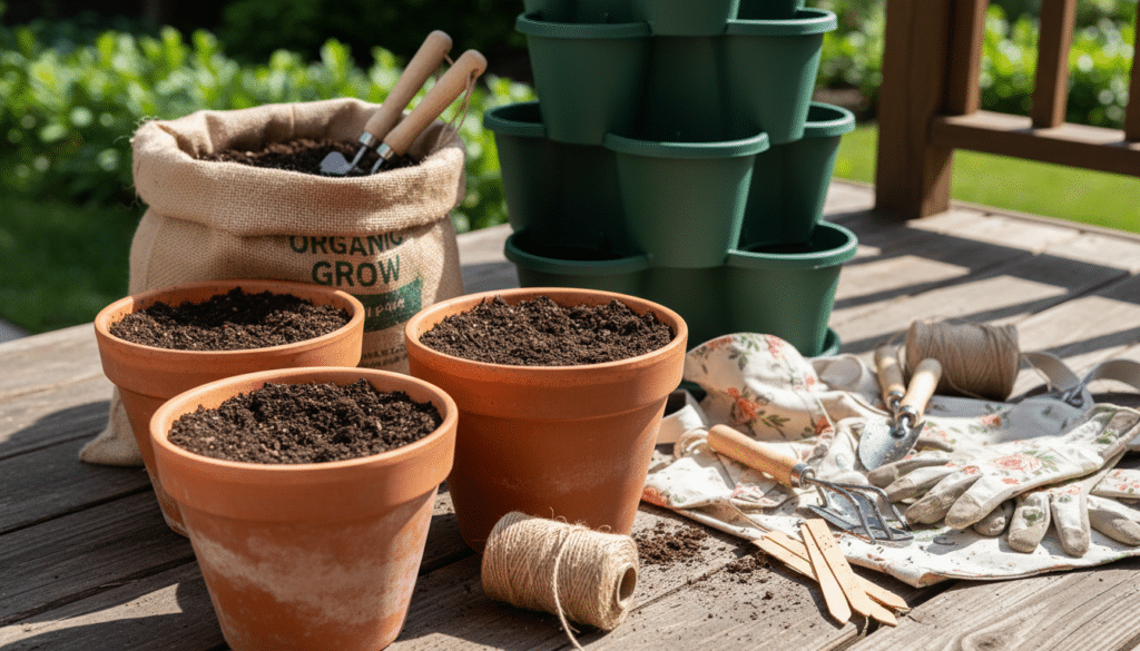 A close-up shot of various container vegetable gardening supplies, including large terracotta pots, a GreenStalk vertical planter, organic potting mix, and small hand tools on a bright wooden deck.