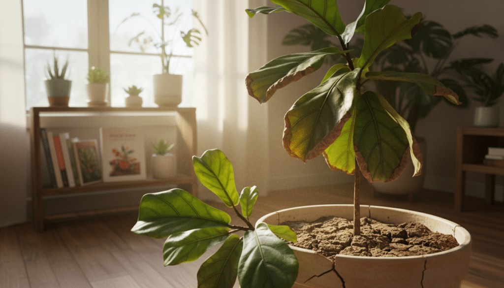 A close-up view of a drooping indoor plant, showing crisp, browning leaf edges and dry, cracked soil, signaling underwatering. In the foreground, focus on the plant's vibrant green leaves contrasted with the signs of distress. The middle ground captures a cozy indoor setting, featuring a softly lit room with a sunbeam filtering through a window, casting warm reflections on the plant. The background includes simple decor elements like potted plants, a shelf with gardening books, and a hint of sunlight filtering through sheer curtains. The atmosphere is warm and inviting, yet slightly melancholic, evoking a sense of care and nurturing for the indoor plants. Soft lighting accentuates the details, creating a serene and contemplative mood.