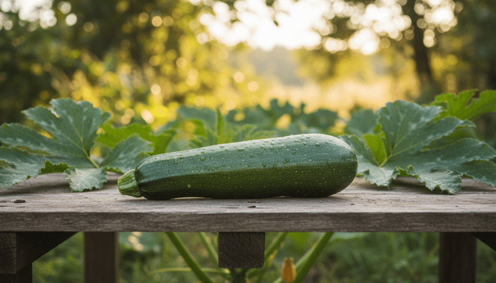 A close-up view of a freshly harvested zucchini, showcasing its ideal size for picking—approximately 6 to 8 inches long and a vibrant green color with faint stripes. In the foreground, the zucchini is placed on a rustic wooden table, glistening with morning dew to symbolize freshness. The middle ground features a lush garden setting with broad, dark green leaves surrounding the zucchini, hinting at a healthy plant. In the background, gentle sunlight filters through the foliage, creating a warm, inviting glow. The scene captures the essence of a productive vegetable garden, evoking feelings of abundance and the joy of harvesting ripe produce. The overall mood is serene and natural, perfect for an article on zucchini harvesting. A close-up view of a freshly harvested zucchini, showcasing its ideal size for picking—approximately 6 to 8 inches long and a vibrant green color with faint stripes. In the foreground, the zucchini is placed on a rustic wooden table, glistening with morning dew to symbolize freshness. The middle ground features a lush garden setting with broad, dark green leaves surrounding the zucchini, hinting at a healthy plant. In the background, gentle sunlight filters through the foliage, creating a warm, inviting glow. The scene captures the essence of a productive vegetable garden, evoking feelings of abundance and the joy of harvesting ripe produce. The overall mood is serene and natural, perfect for an article on zucchini harvesting.