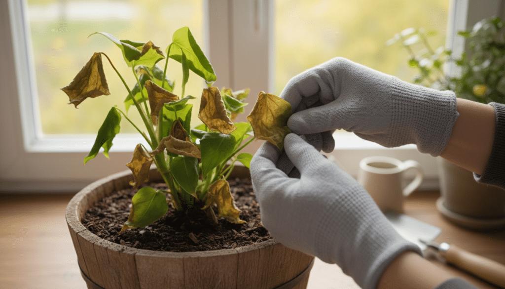 A close-up view of a plant with browning leaves, focusing on the vibrant green leaves intermixed with patches of brown. In the foreground, include a pair of gloved hands gently examining the plant's leaves to represent the process of diagnosing the issue. In the middle ground, display a wooden pot filled with soil, suggesting a home gardening context. The background should feature soft, natural light filtering through a window, creating a warm, inviting atmosphere. Use a shallow depth of field to blur the background slightly, drawing attention to the plant and hands. The overall mood is informative and focused, suggesting care and attention to the health of the plant.