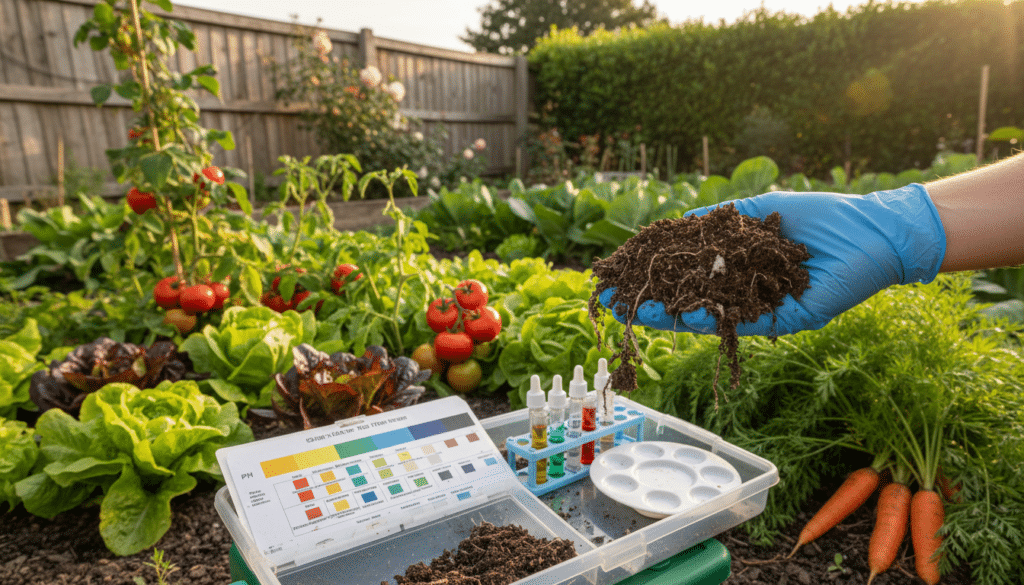 A close-up view of a soil test being conducted in a vibrant vegetable garden. In the foreground, a gloved hand is holding a soil sample, with rich, dark soil visible, showing texture and small root fragments. An analytical kit is open beside it, featuring test tubes and color charts. In the middle ground, rows of healthy vegetables, such as tomatoes, lettuce, and carrots, flourish under bright, natural sunlight, highlighting their colors and vitality. The background is a slightly blurred garden fence and lush greenery, suggesting a lush garden environment. The lighting is warm and inviting, creating a tranquil and informative atmosphere, perfect for illustrating the importance of soil testing before fertilization. The angle is slightly above eye level, providing a comprehensive view of the testing process in the garden setting.