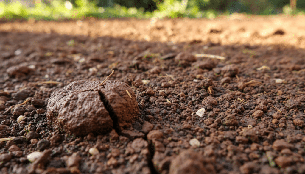A close-up view of clay soil particles, showcasing their small, glossy, and irregular shapes embedded in a rich, dark earthy texture. In the foreground, include a few larger clumps of moist clay with visible cracks to highlight its density. The middle ground features scattered small fragments of light-colored minerals and organic matter, enhancing the soil's complexity. The background is softly blurred, suggesting a sunny garden environment with green foliage and muted earth tones to create a natural atmosphere. Use warm, natural lighting to illuminate the soil particles, enhancing their textures and colors. The angle should be slightly tilted to provide depth while emphasizing the intricacies of the clay soil structure.