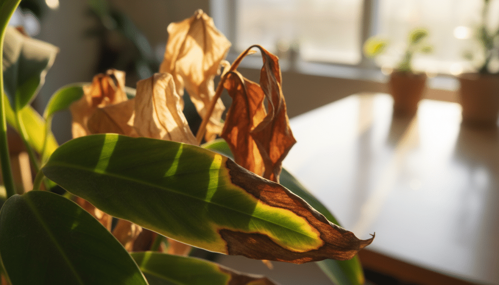 A close-up view of several indoor plant leaves exhibiting symptoms of browning, highlighting various stages of leaf deterioration. The foreground features a vibrant green leaf partially turning yellow with brown tips, showcasing crisp edges and dry patches. In the middle ground, add a few more leaves in various hues of brown, some crispy and others slightly wilted, incorporating textures that emphasize decay. The background includes a soft-focus aesthetic of a sunny indoor environment, perhaps a window with gentle natural light filtering through, creating a warm and reflective atmosphere. The scene should evoke a sense of care and urgency, encouraging viewers to recognize these signs in their own plants. Use a shallow depth of field to emphasize the importance of the browning leaves in this botanical setting.