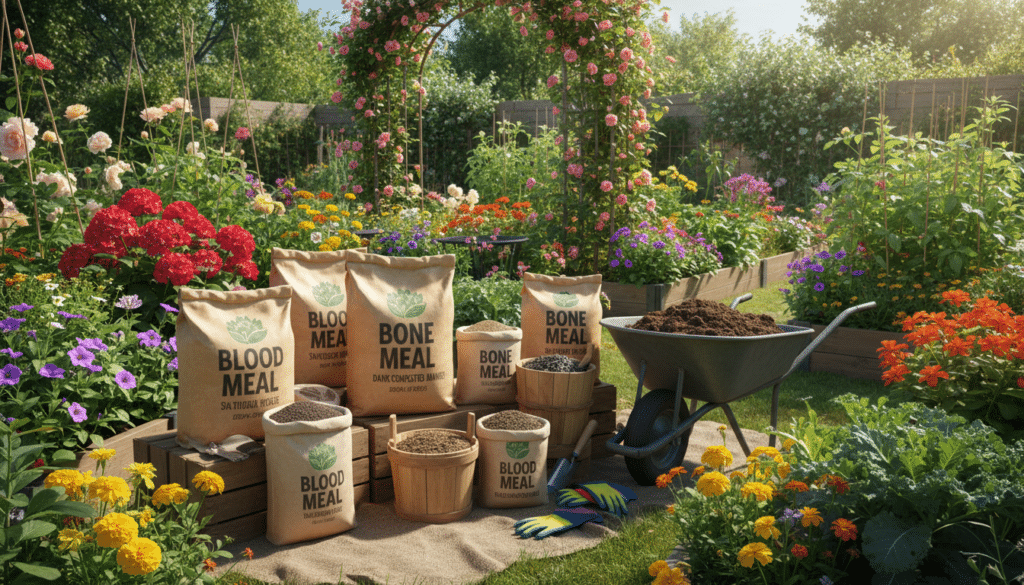 A collection of natural garden amendments including bags of blood meal, bone meal, and dark composted manure arranged in a sunny backyard garden.