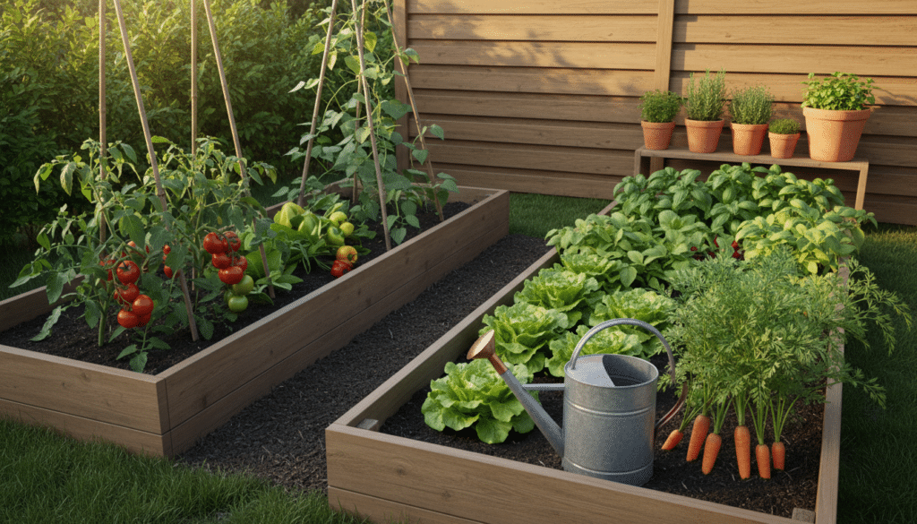A cozy and inviting small vegetable garden space, featuring neatly organized rows of vibrant green plants, including tomatoes, lettuce, and carrots. In the foreground, a rustic wooden garden bed is filled with rich soil, with a watering can resting nearby. The middle ground showcases a variety of colorful vegetables peeking out from the soil, while a small trellis supports climbing vines. The background features a wooden fence and a few potted herbs, bathed in warm, golden sunlight during the late afternoon. The scene is framed from a slightly elevated angle, creating a sense of depth and intimacy, evoking a peaceful, productive atmosphere of gardening success in a limited space.