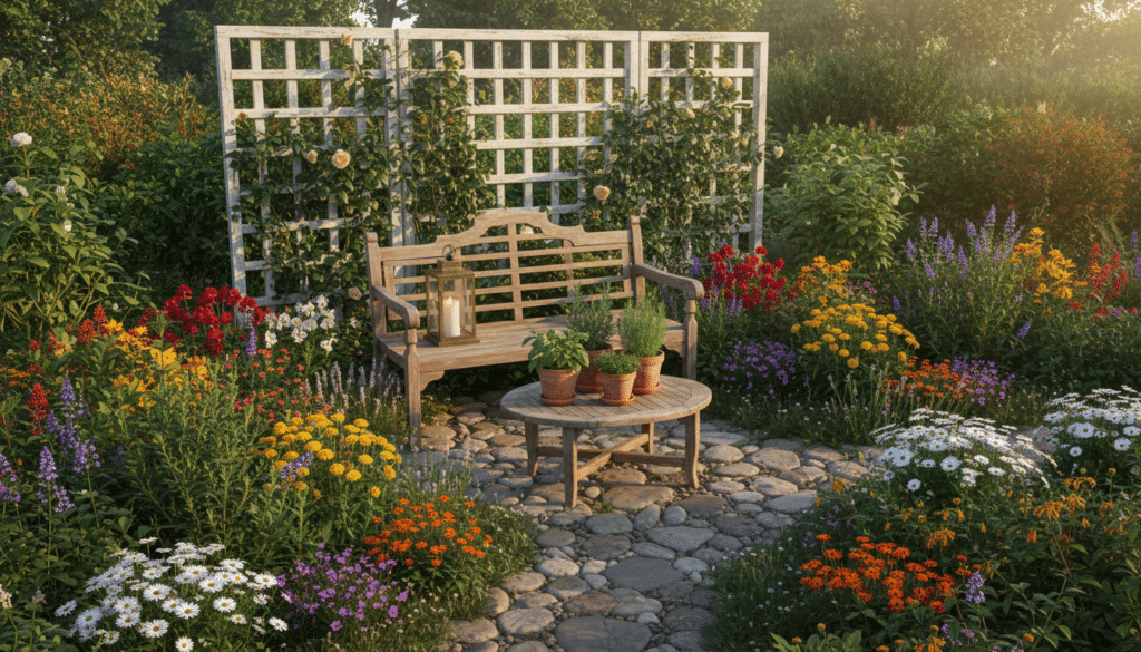 A cozy seating area nestled in a small garden, featuring a rustic wooden bench surrounded by vibrant flowering plants and lush greenery. In the foreground, a small coffee table holds potted herbs and a decorative lantern, creating an inviting atmosphere. The middle ground showcases a variety of colorful blooms like daisies and marigolds, interspersed with small pebbles for a charming pathway. In the background, a vintage trellis draped with climbing vines adds height and depth. The scene is bathed in soft, warm evening light casting gentle shadows, evoking a serene and welcoming mood. The composition is captured from a slightly elevated angle, emphasizing the intimacy of the space while maintaining focus on the lush garden surroundings.