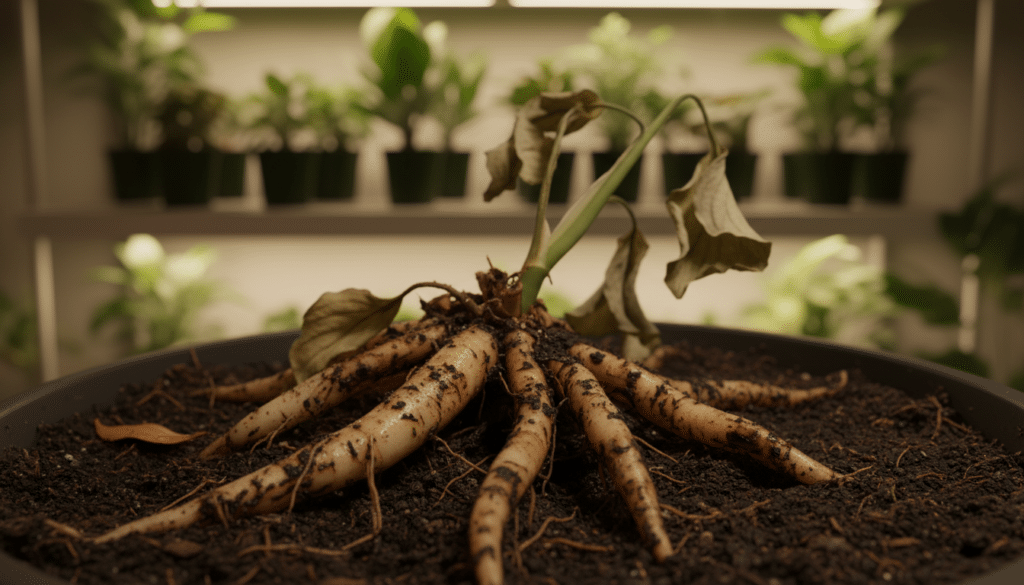 A detailed close-up of a potted plant showing signs of root rot, featuring discolored and mushy roots with brownish-black spots. In the foreground, focus on the affected roots partially exposed from the soil, soft and waterlogged. The middle ground displays healthy soil mixed with a few lifeless leaves and a droopy stem, dull and slightly wilted. In the background, a softly lit indoor gardening space with blurred shelves of healthy plants, enhancing the contrast between health and decay. The lighting is warm yet dim, creating an atmosphere of concern and urgency. Capture this scene from a slightly elevated angle to emphasize the contrast between the healthy and affected parts of the plant.