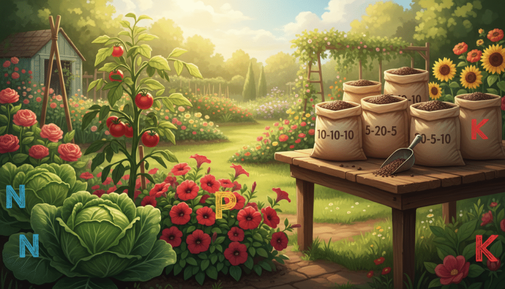 A detailed illustration of understanding NPK ratios for optimal plant health, featuring a vibrant garden scene in the foreground with healthy, lush plants labeled with N, P, and K symbols representing Nitrogen, Phosphorus, and Potassium. The middle ground includes various bags of slow-release fertilizers with their NPK ratios prominently displayed, arranged attractively on a rustic wooden table. In the background, a sunny garden with flowering plants and greenery enhances the atmosphere of growth and vitality. The lighting is warm and natural, with soft shadows and a shallow depth of field focusing on the fertilizer bags. The mood is educational and engaging, inviting viewers to explore the importance of nutrients for plant health. Ensure no text or logos are present in the image. A detailed illustration of understanding NPK ratios for optimal plant health, featuring a vibrant garden scene in the foreground with healthy, lush plants labeled with N, P, and K symbols representing Nitrogen, Phosphorus, and Potassium. The middle ground includes various bags of slow-release fertilizers with their NPK ratios prominently displayed, arranged attractively on a rustic wooden table. In the background, a sunny garden with flowering plants and greenery enhances the atmosphere of growth and vitality. The lighting is warm and natural, with soft shadows and a shallow depth of field focusing on the fertilizer bags. The mood is educational and engaging, inviting viewers to explore the importance of nutrients for plant health. Ensure no text or logos are present in the image.