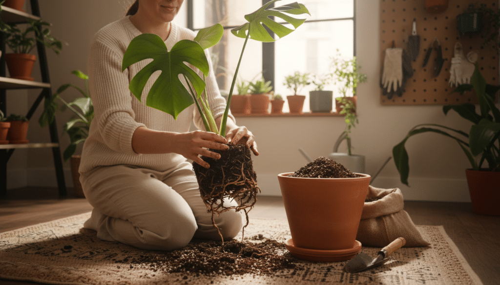 A detailed scene of a person carefully repotting a root-bound plant in a cozy indoor setting. In the foreground, show the individual wearing modest casual clothing, kneeling on a soft mat, gently removing the tightly bound roots of a green, leafy houseplant. Their hands are tenderly working with the soil, which is rich and dark. In the middle ground, a large terracotta pot awaits with fresh potting mix beside it. The background features soft natural light shining through a window, illuminating shelves of various potted plants and gardening tools. A warm and nurturing atmosphere permeates the scene, emphasizing the care needed in handling plants. The lens captures a close-up angle, focusing on the interaction between the person and the plant, evoking a sense of dedication and love for gardening.