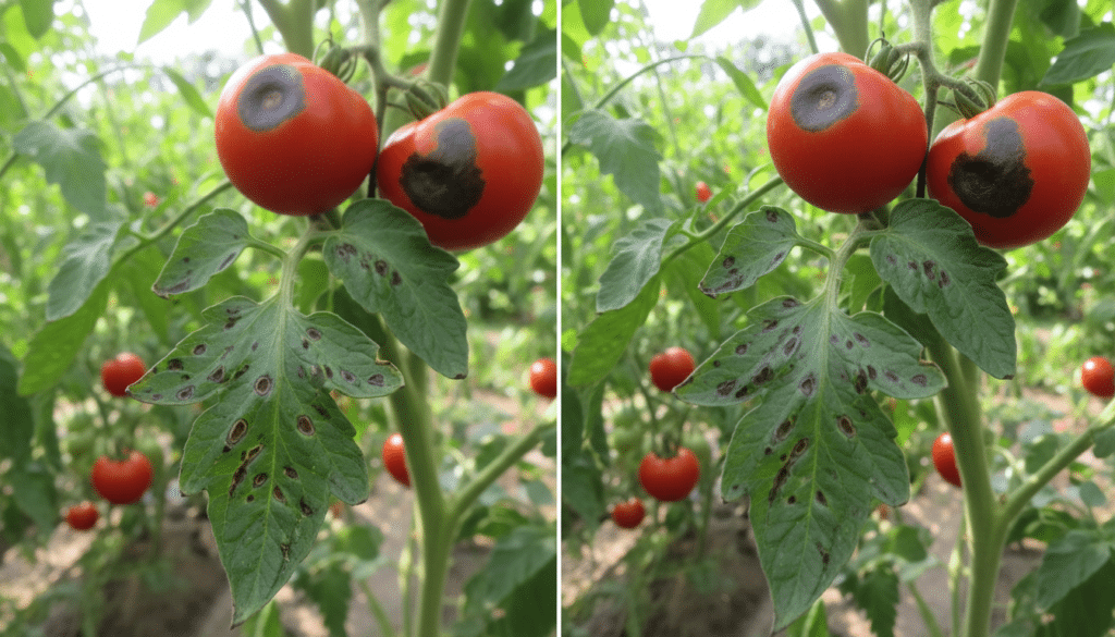 A detailed split-image showcasing the differences between early and late blight on tomato plants. In the foreground, illustrate two tomato leaves: on the left, depicting early blight with small, dark, sunken spots and yellowing edges, and on the right, showcasing late blight with larger, water-soaked, dark lesions that spread across the leaf. In the middle ground, incorporate a few ripe tomatoes affected by both blights, providing clear visual cues. The background should feature a garden scene with healthy plants, contrasting the affected ones, under bright, natural sunlight creating a vivid atmosphere. Use a shallow depth of field to focus on the leaves, with soft lighting highlighting the textures and colors, enhancing the educational aspect of the image.