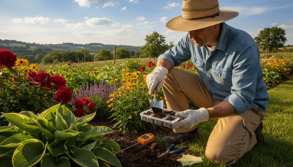 A focused gardener wearing casual, professional attire conducts a soil test in a lush garden. In the foreground, the gardener crouches down, carefully transferring soil into a testing kit, with tools like a trowel and a moisture meter nearby. The middle ground showcases an array of vibrant plants and flowers, highlighting a healthy garden ecosystem. In the background, a clear blue sky and soft clouds complement the scene, giving a warm, inviting atmosphere. Natural sunlight illuminates the setting, creating a gentle glow on the greenery. The overall mood conveys diligence and responsibility in gardening practices, emphasizing the importance of understanding soil nutrient levels before fertilizing.