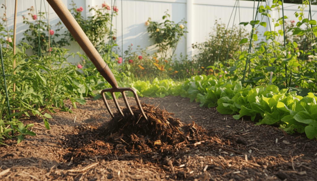 A garden fork mixing dark organic compost for vegetable garden into a tilled garden bed under bright sunlight.