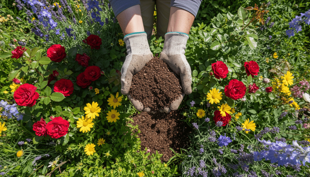 A high-angle photo of a gardener's hands holding a handful of dark, crumbly organic compost over a lush garden bed, bright natural sunlight, 8k resolution.