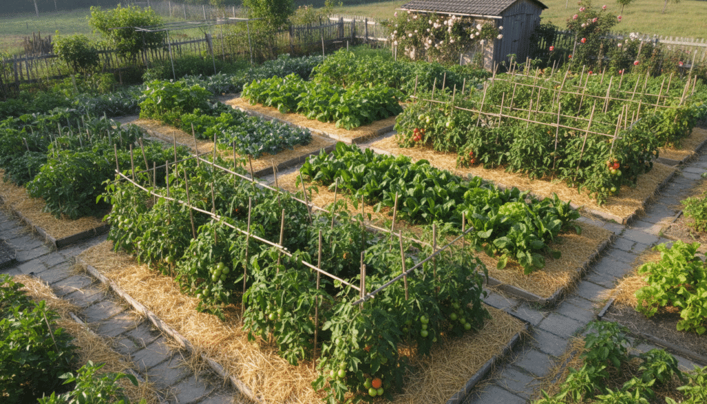 A high-angle photo of a vibrant vegetable garden with clean, golden straw mulch spread evenly around tomato plants and leafy greens, soft morning sunlight illuminating the garden beds.