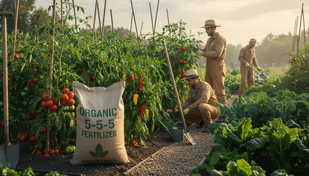 A high-quality 5-5-5 organic fertilizer bag sitting in a lush vegetable garden with diverse plants like tomatoes and peppers, photorealistic style, soft morning sunlight.