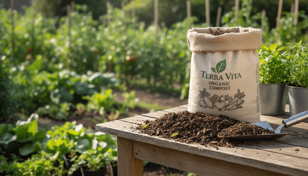 A high-quality bag of organic compost for a vegetable garden sitting on a potting bench, with a close-up showing dark, crumbly, rich soil spilling out onto a wooden surface, soft garden background.