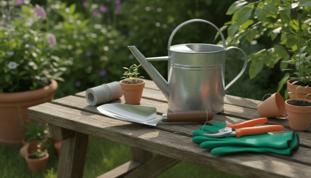 A high-quality beginner gardening tool starter kit including a stainless steel trowel, hand pruners, green garden gloves, and a classic watering can, arranged neatly on a wooden garden bench, soft natural sunlight.