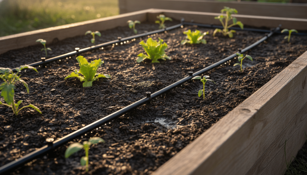 A high-quality, close-up photograph of a black drip irrigation system installed in a wooden raised bed garden, with small emitters dripping water onto the dark soil around young green vegetable plants, morning sunlight, professional gardening style.