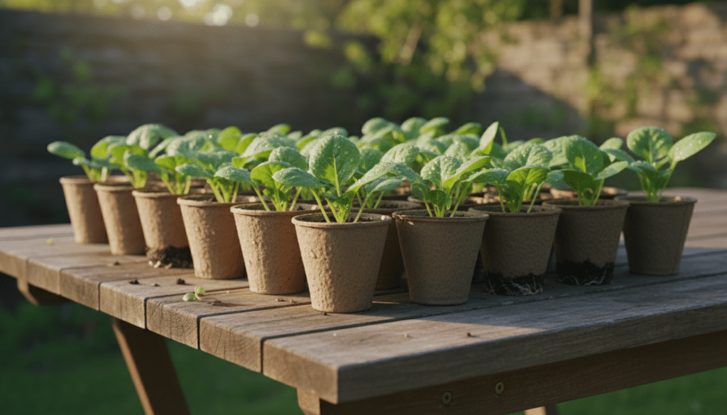 A high-quality, close-up photograph of vibrant vegetable seedlings in small compostable pots, arranged neatly on a wooden garden table with soft morning sunlight.