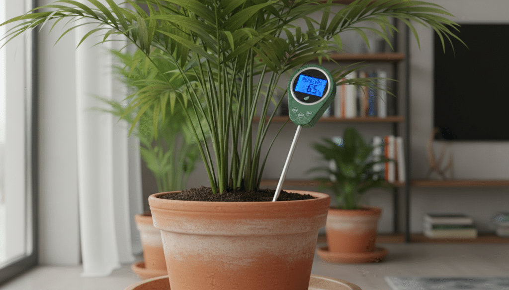 A high-quality digital moisture meter for plants with its probe inserted deep into the dark soil of a large indoor potted palm, clear display screen, professional gardening aesthetic, soft natural light.
