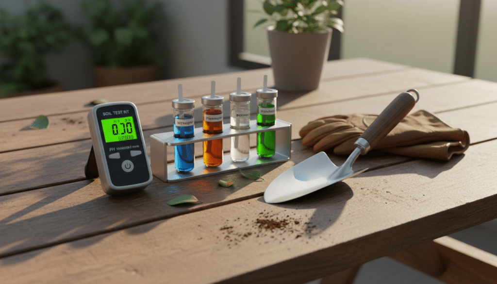 A high-quality digital soil test kit for garden use, showing a pH meter and nutrient vials on a rustic wooden table next to a small trowel and gardening gloves, bright natural morning light.