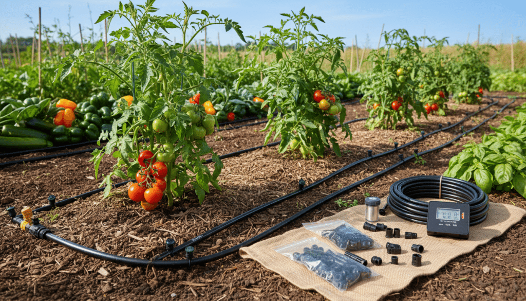 A high-quality drip irrigation system kit laid out in a vegetable garden with black tubing and emitters near tomato plants, realistic photography style, bright daylight.