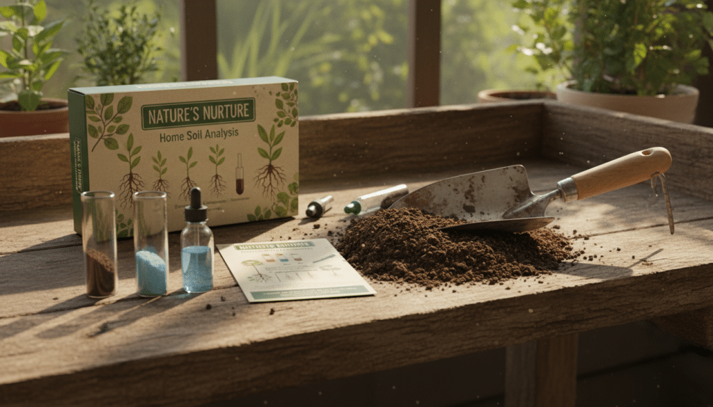 A high-quality home soil test kit displayed on a rustic wooden potting bench with a small garden trowel, organic compost, and clear sample vials, soft morning sunlight, professional photography style. A high-quality home soil test kit displayed on a rustic wooden potting bench with a small garden trowel, organic compost, and clear sample vials, soft morning sunlight, professional photography style.