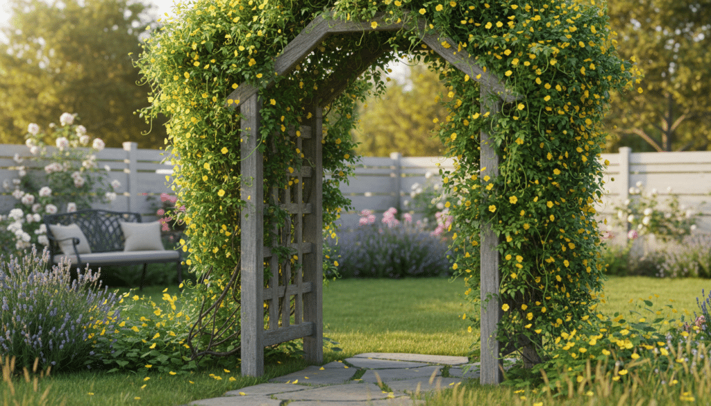 A high-quality image of a small backyard garden featuring a cedar wood trellis with climbing green vines and small yellow flowers, sunny day, cinematic lighting.