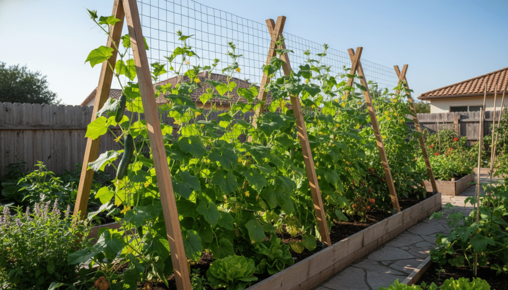 A high-quality photo of a backyard vegetable garden featuring sturdy vegetable garden trellis systems with climbing cucumber vines and small yellow flowers, sunny day, realistic style.