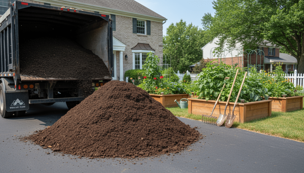 A high-quality photo of a large pile of dark, nutrient-rich bulk compost being delivered by a professional truck to a clean suburban driveway, with garden tools and raised beds visible in the background.