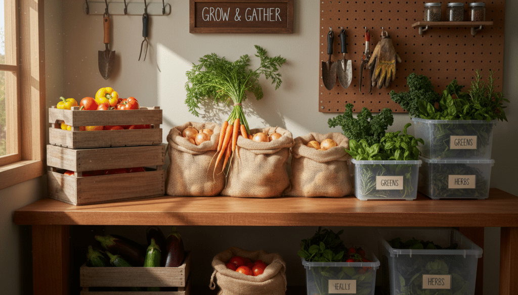 A high-quality photo of various garden storage containers including mesh bags, wooden crates, and plastic bins filled with colorful harvest vegetables on a clean workbench.