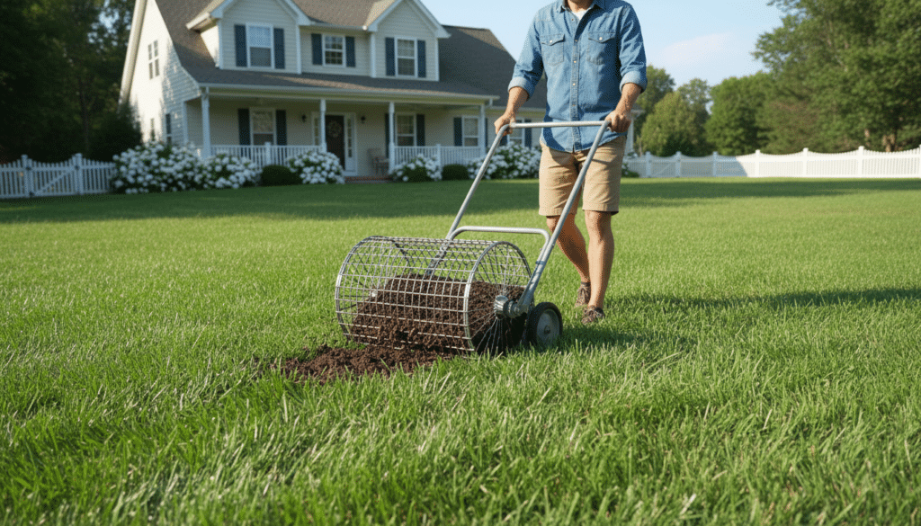 A high-quality walk-behind compost lawn spreader tool being used on a vibrant green residential lawn in a sunny American backyard, realistic style, 4k.