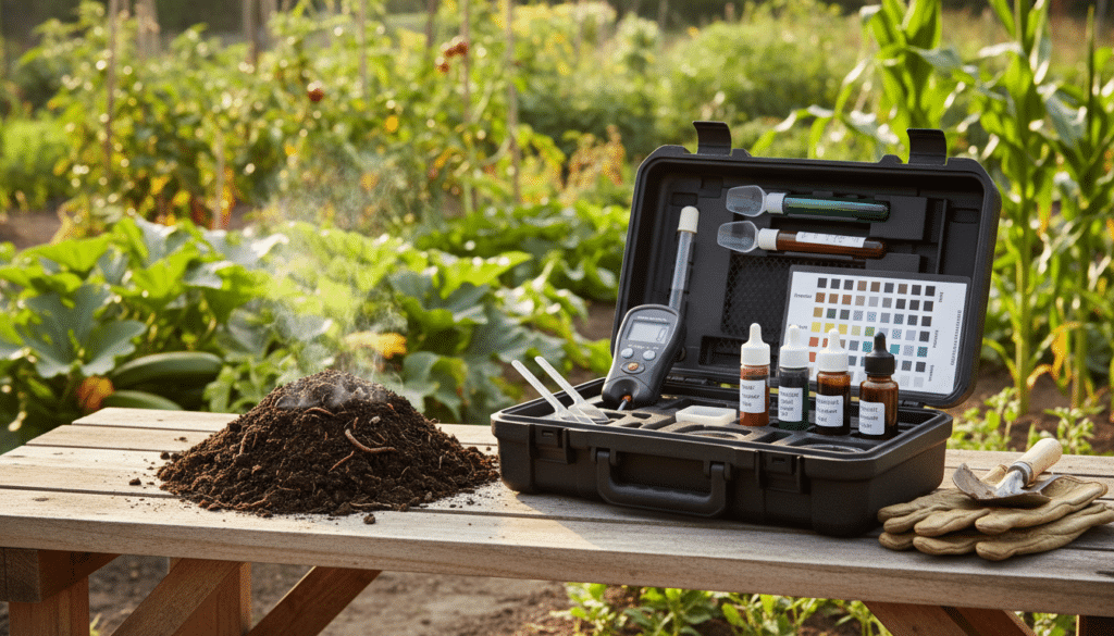 A high-resolution, detailed image of a professional garden soil testing kit sitting on a wooden garden bench next to a pile of dark, rich compost, with a sunlit vegetable garden in the background, realistic style.